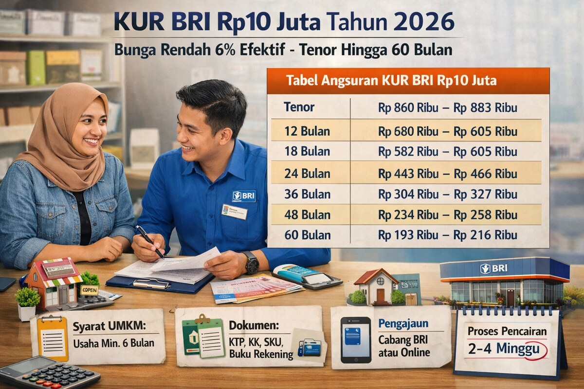 Tabel Pinjaman KUR BRI Rp10 Juta Tahun 2026: Bunga Rendah, Tenor Fleksibel