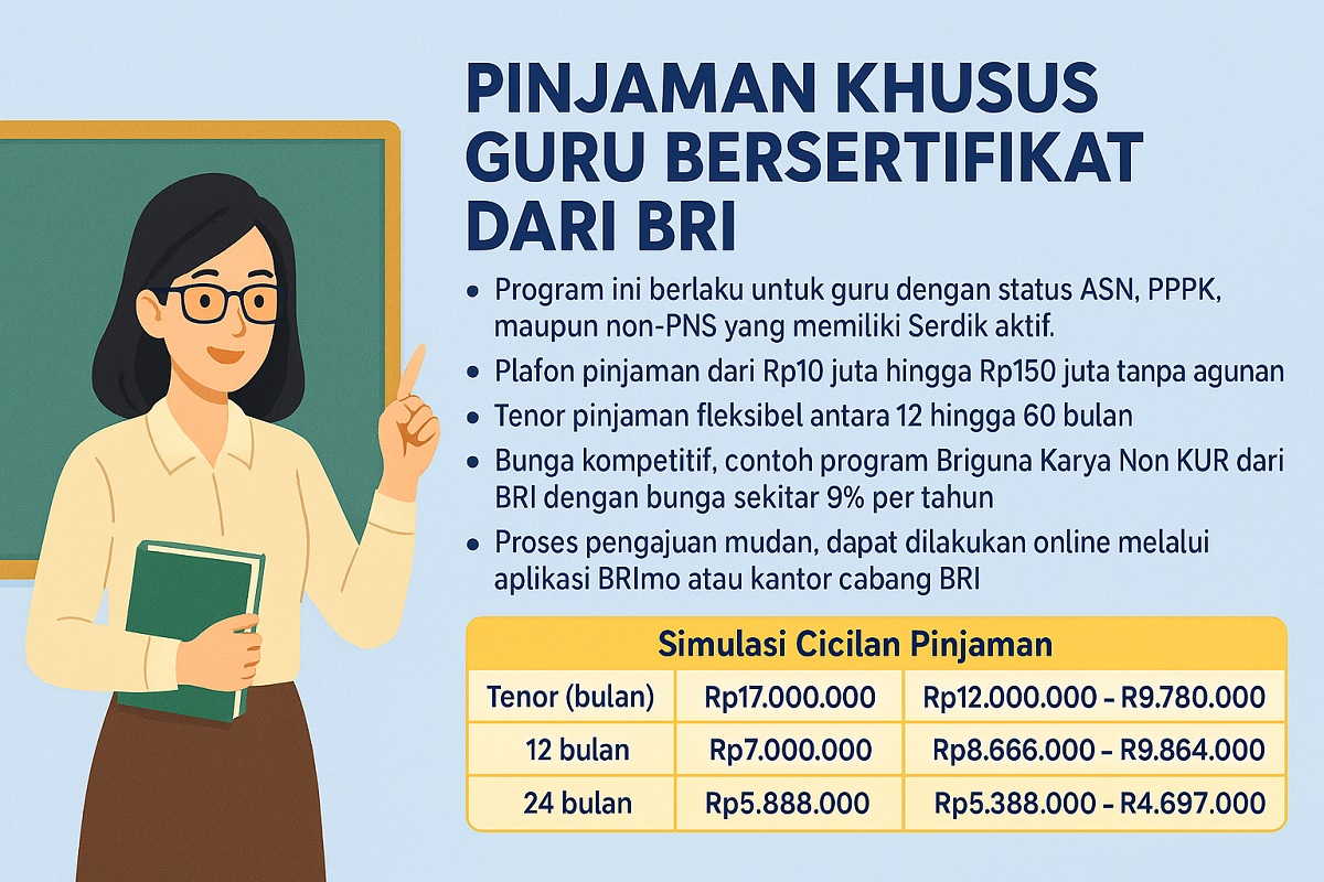 Tabel Pinjaman Bank BRI Khusus Guru Pemilik Serdik Plafon Rp 200 Juta, Non KUR Tanpa Agunan