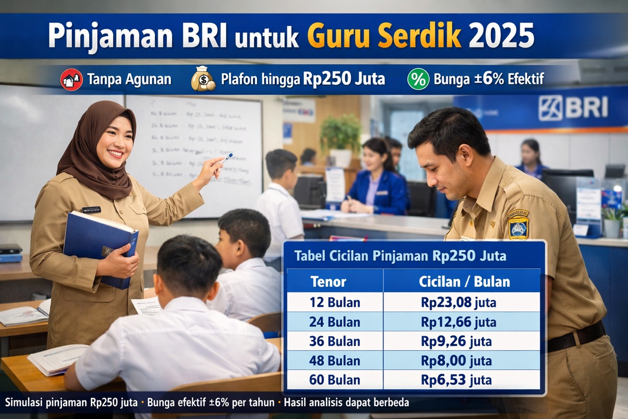 Simulasi Cicilan Pinjaman Tanpa Aggunan Bank BRI Bagi Guru Serdik, Rp250 Juta Bisa Dicicil 60 Bulan