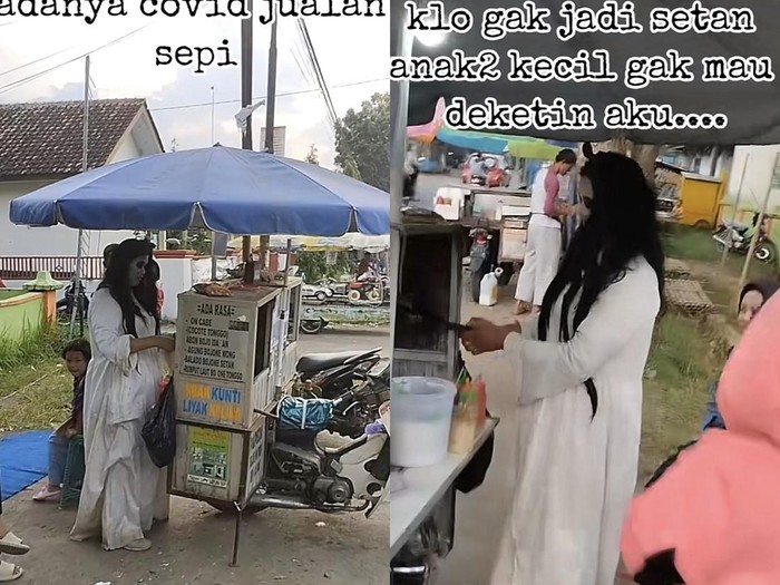 VIRAL Aksi Seorang Pedagang Papeda Berkostum Kuntilanak , Warganet: Yang Penting Halal, Semangat !!