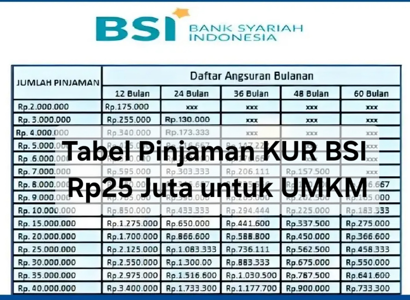 Tabel Pinjaman KUR BSI Rp25 Juta untuk UMKM, Margin Ringan dan Tanpa Biaya Provisi