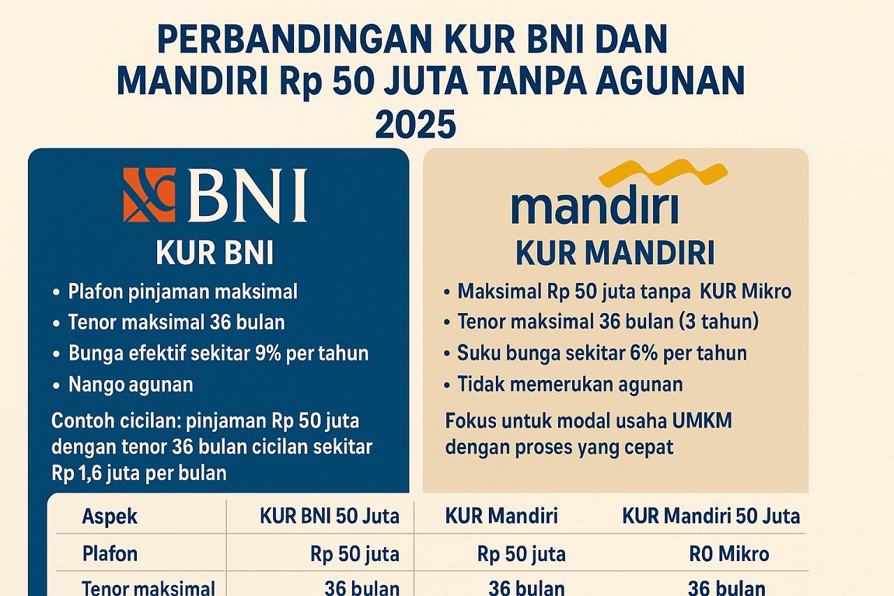 Perbedaan KUR BNI dan Mandiri Rp 50 Juta Tanpa Agunan 2025 untuk Pelaku Usaha Mikro