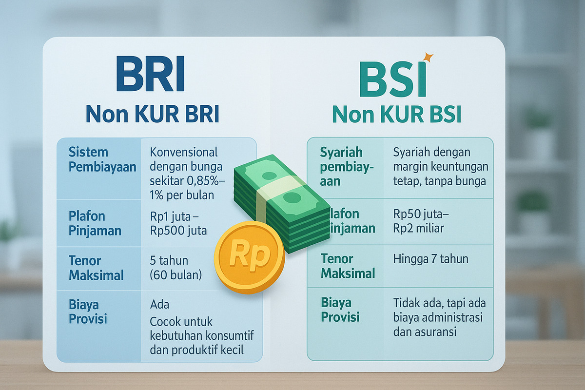 Perbandingan Pinjaman Non KUR BRI dan BSI 2025: Plafon, Sistem Pembiayaan, hingga Syarat Agunan