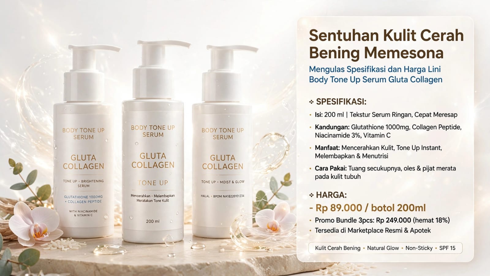 Sentuhan Kulit Cerah Bening Memesona: Mengulas Spesifikasi dan Harga Lini Body Tone Up Serum Gluta Collagen