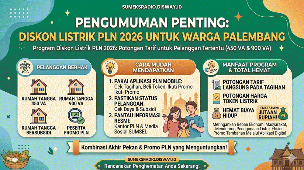 Kabar Gembira! Diskon Listrik PLN 2026 untuk Warga Palembang, Begini Cara Mendapatkan Potongannya