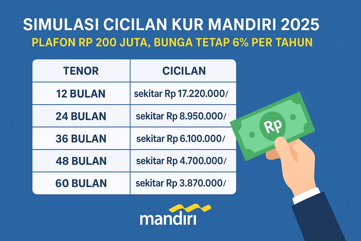 Simulasi Cicilan KUR Mandiri 2025 untuk Plafon Rp 200 Juta, Bunga Tetap 6% per Tahun