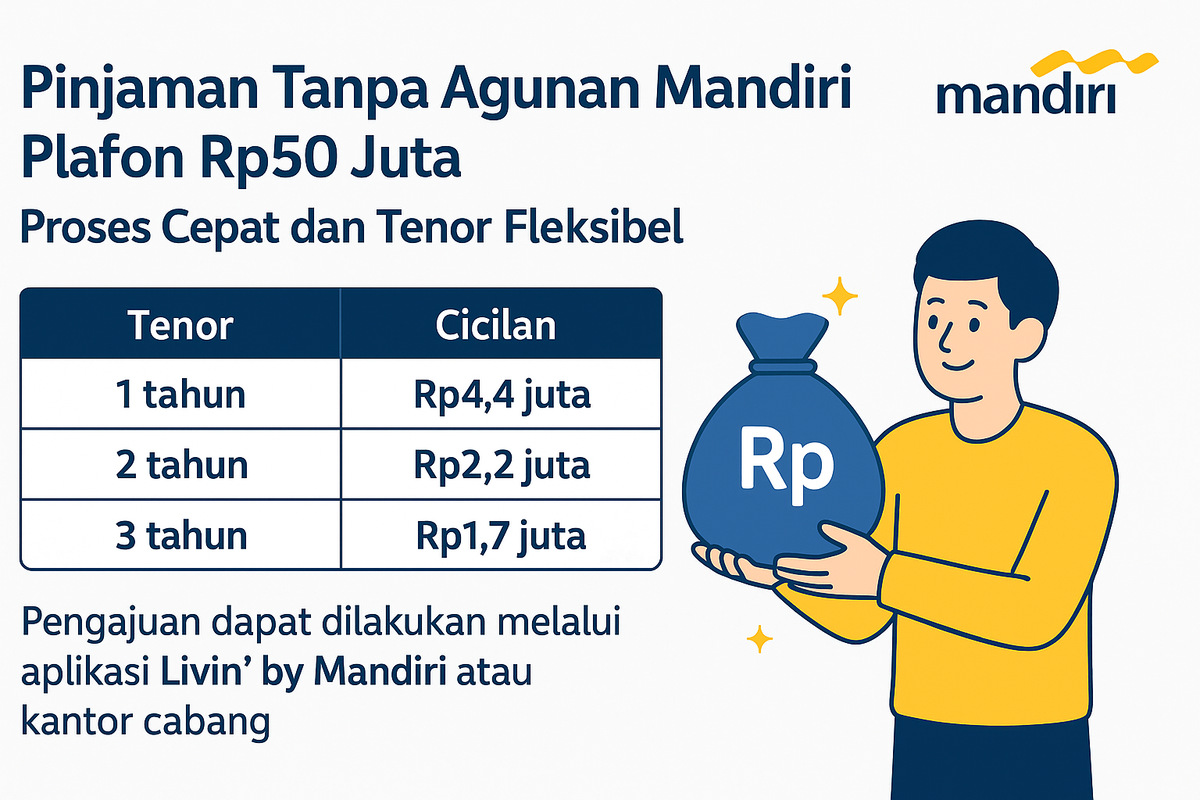 Pinjaman Tanpa Agunan Mandiri Plafon Rp50 Juta, Proses Cepat dan Tenor Fleksibel