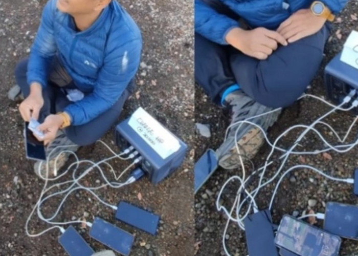 Viral! Puncak Gunung Gede Pangrango: Pria Buka Jasa Charge HP, Aksi Kreatif Memikat Perhatian Netizen