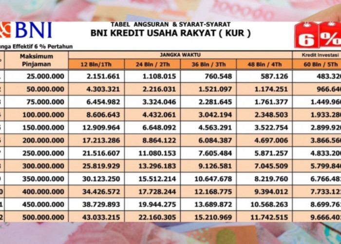 Tabel Pinjaman KUR BNI Desember 2025 Plafon 100 juta