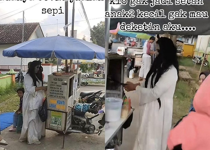 VIRAL Aksi Seorang Pedagang Papeda Berkostum Kuntilanak , Warganet: Yang Penting Halal, Semangat !!