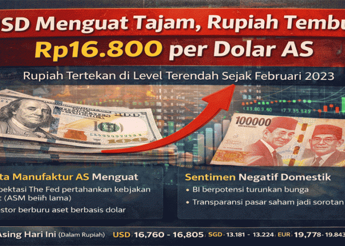 USD Menguat Tajam, Rupiah Tembus Rp16.800 per Dolar AS
